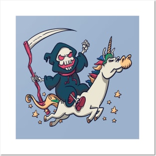 Cartoon Grim Reaper Riding a Unicorn Posters and Art